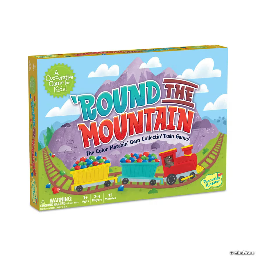 Round the Mountain cooperative train game box with colorful train cars and mountain artwork