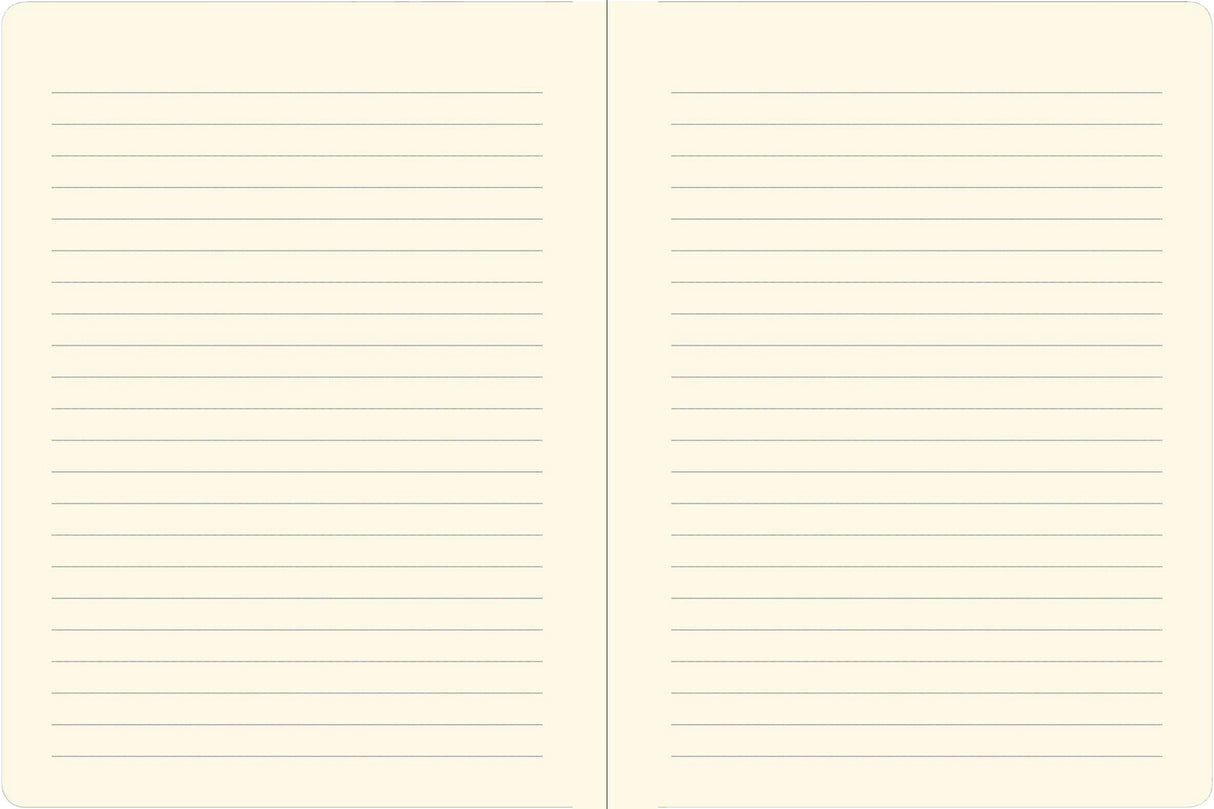 Open pages of a locking diary featuring smooth, lightly lined cream-colored paper designed for creative writing.