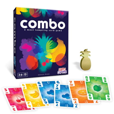 Combo: A Most Tempting Card Game box with colorful fruit cards and a wooden pineapple game piece displayed.