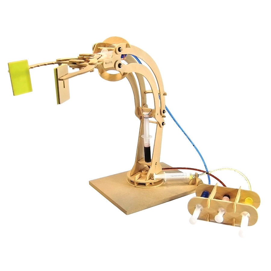 Make a Robotic Arm wooden mechanical model with articulated claw and hand pump controls