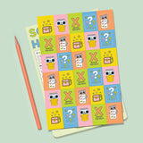 Colorful scavenger hunt stickers sheet with playful icons alongside a pink pencil on a light green background