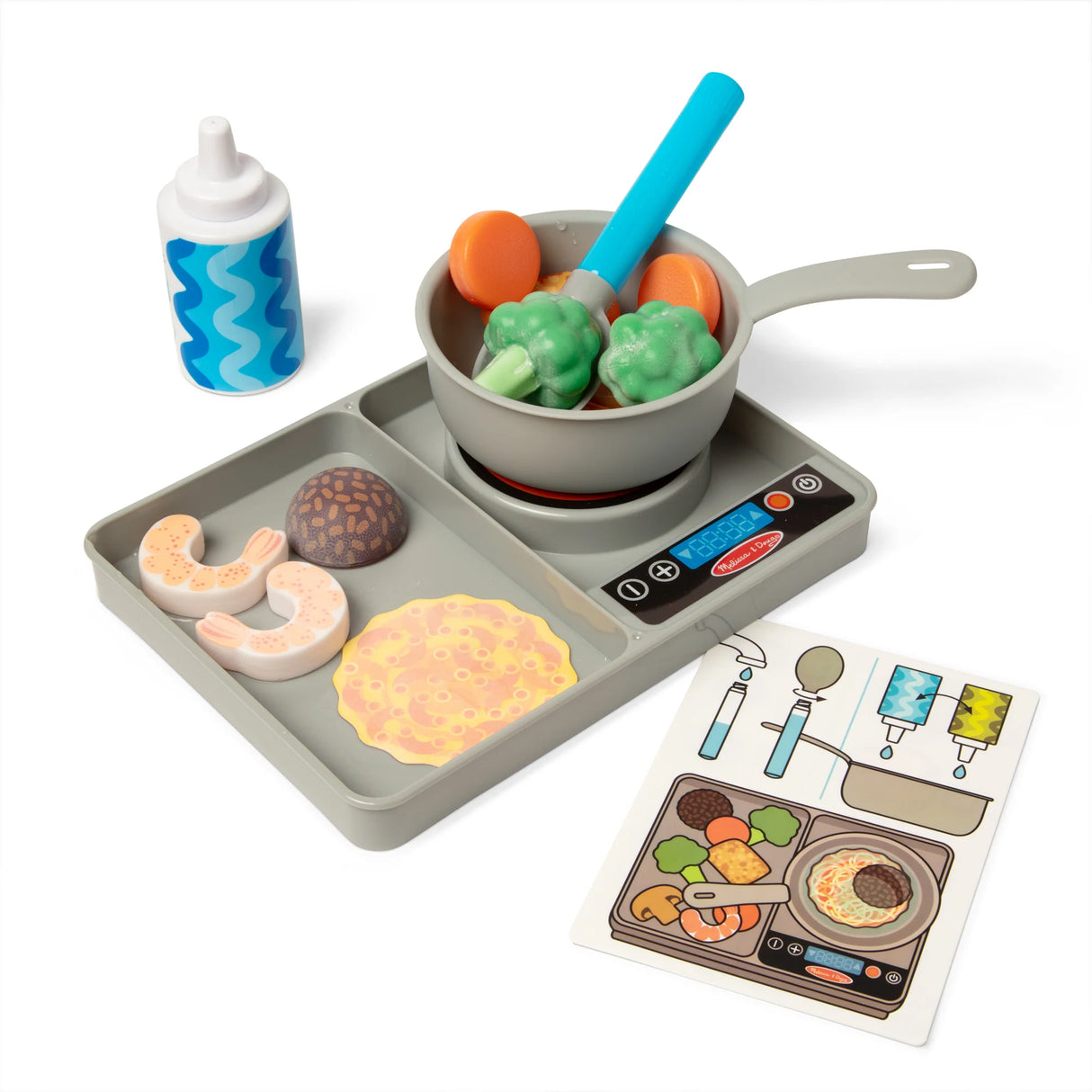 Toy stovetop play set with pot, spatula, play food, olive oil bottle, and cooking activity card for kids