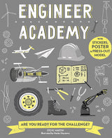 Cover of Engineer Academy book showing engineering tools, a jet engine, robotic arm, and safety helmet on gray background