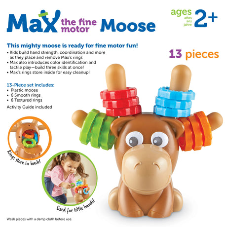 Max the Fine Motor Moose toy with colorful textured rings for toddlers to build fine motor skills ages 2 and up.