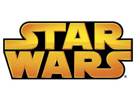Bold golden text reading STAR WARS on a black and white background with a registered trademark symbol