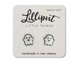 Ghost Earrings featuring cute smiling ghost design on clear acrylic with titanium posts and soft plastic backs for sensitive ears.