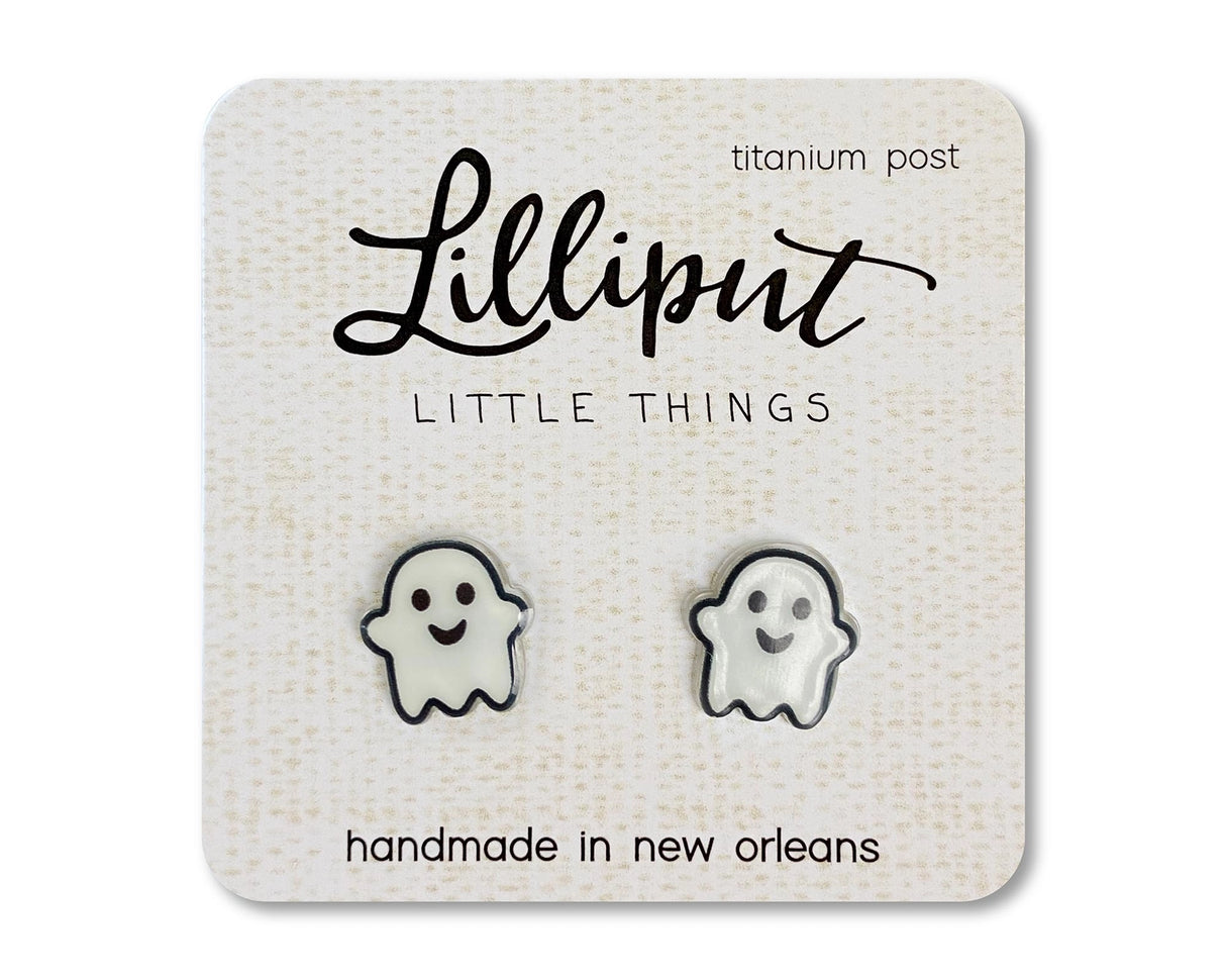 Ghost Earrings featuring cute smiling ghost design on clear acrylic with titanium posts and soft plastic backs for sensitive ears.