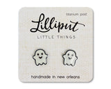 Ghost Earrings featuring cute smiling ghost design on clear acrylic with titanium posts and soft plastic backs for sensitive ears.