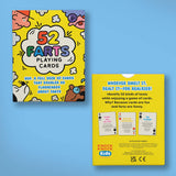 Colorful deck packaging for 52 Farts Playing Cards with funny fart facts and playful cartoon designs on a blue background