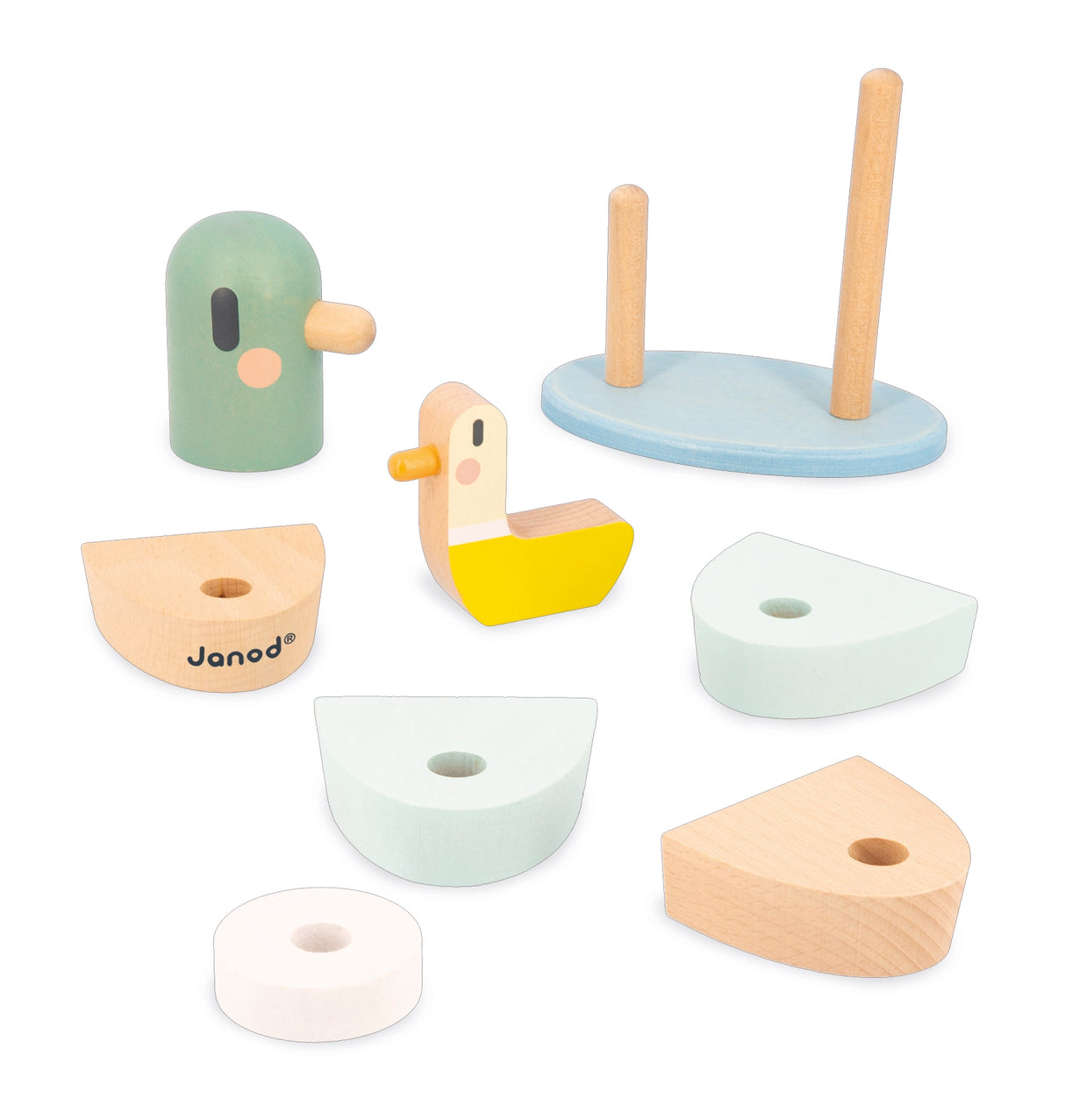 Wooden stacking toy with pastel blue base, green bird head, yellow duck, and natural wood geometric pieces on white background
