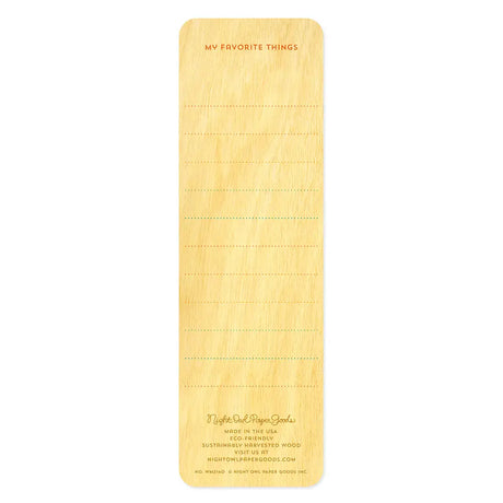 Sunny Camp Wood Bookmark showing lined back side for listing favorite things on sustainable birch wood.