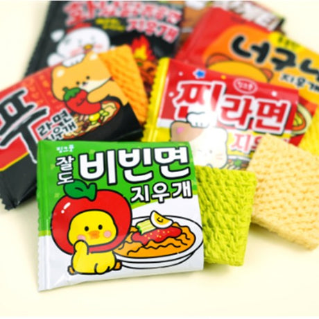 Colorful ramen noodle-shaped erasers in various styles with playful packaging featuring cute characters and Korean text