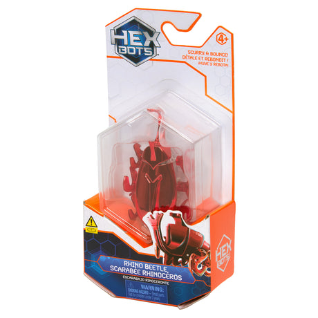 Hex Bots Rhino Beetle robotic toy in red with six wheels and curved body, designed to navigate obstacles and scurry on floors.