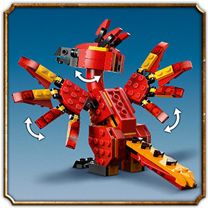 LEGO Harry Potter Fawkes: Dumbledore's Phoenix posable figure with moving wings and tail feathers on a blue background.