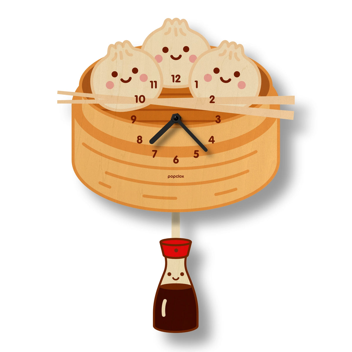 Wood Pendulum Clock | Dumplings with three smiling dumplings and swinging soy sauce bottle pendulum
