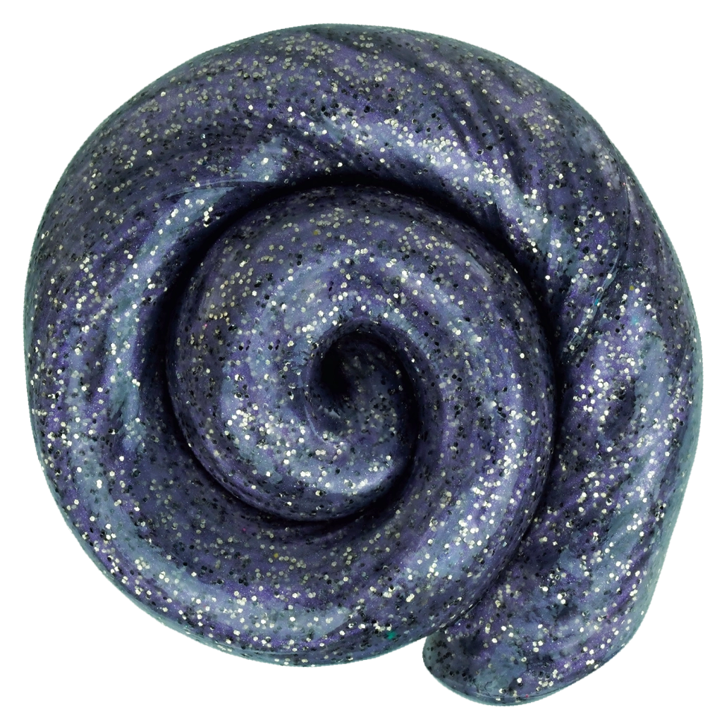Swirled deep purple slime with sparkling silver glitter flecks creating a shimmering galaxy-like effect