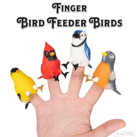 Finger Bird Feeder Bird set with colorful soft vinyl bird finger puppets on a hand for playful yard fun.