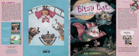 Bitsy Bat and Enzo Owl fly together under a night sky on the cover of Bitsy Bat, Team Star.