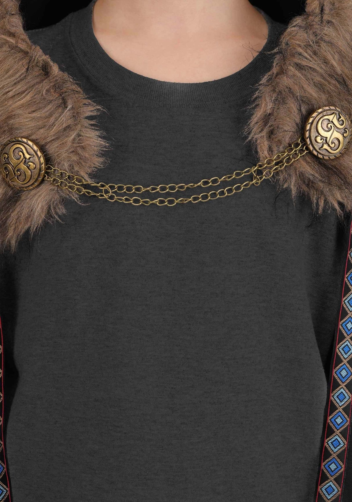 Black Faux Fur Viking Cape with decorative chains and medallion details