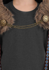 Black Faux Fur Viking Cape with decorative chains and medallion details