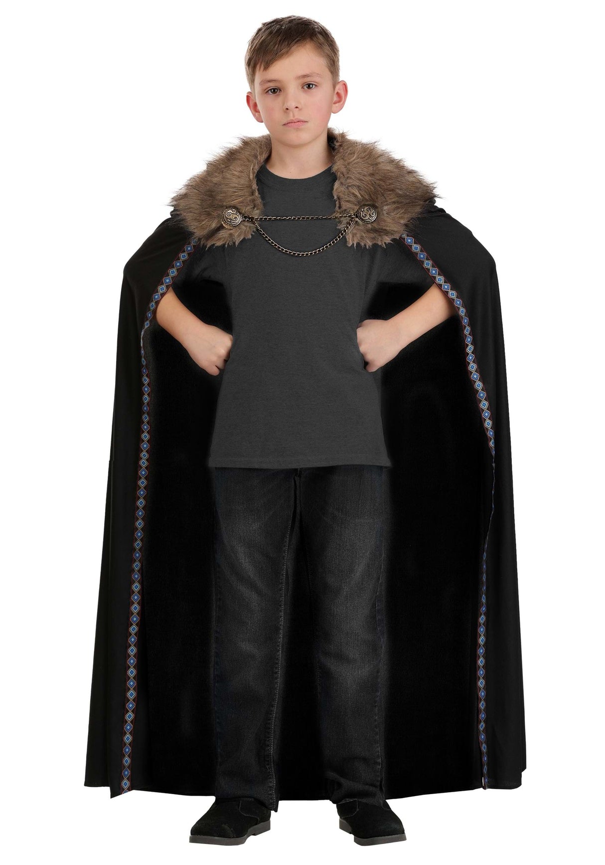 Black Faux Fur Viking Cape worn by a child with a fur collar and decorative trim