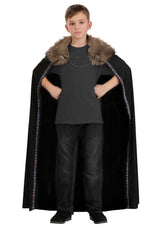 Black Faux Fur Viking Cape worn by a child with a fur collar and decorative trim