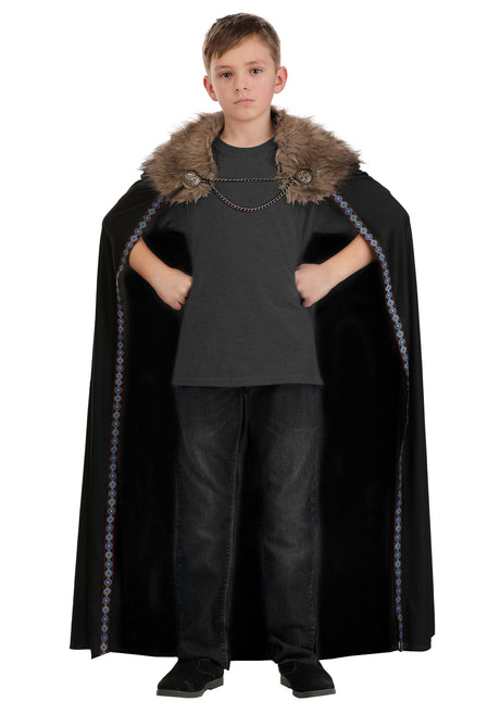Black Faux Fur Viking Cape worn by a child with a fur collar and decorative trim