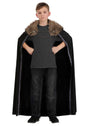 Black Faux Fur Viking Cape worn by a child with a fur collar and decorative trim