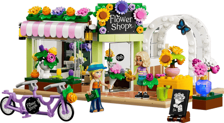 Friends Creative Flower Shop with flower stand bicycle colorful flowers and two figures