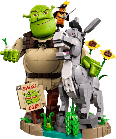 Shrek, Donkey & Puss in Boots LEGO build with character figures and sunflower details