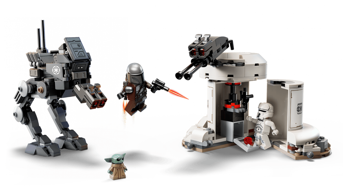 Star Wars AT-RT Attack toy set with battle droids, a flying figure, and Grogu on a play scene