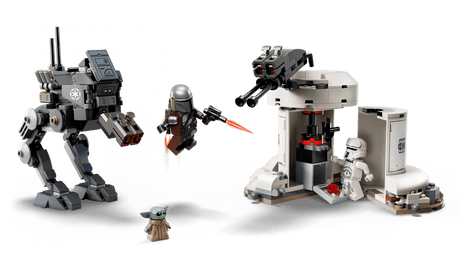 Star Wars AT-RT Attack toy set with battle droids, a flying figure, and Grogu on a play scene
