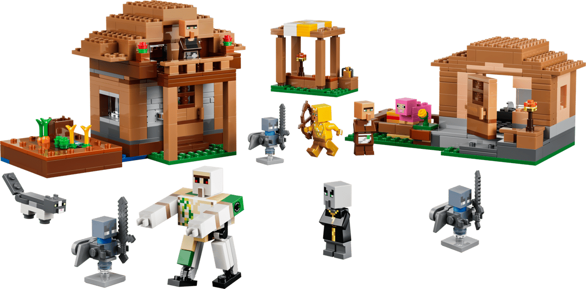 Minecraft Evoker Village Attack set with village buildings and character figures