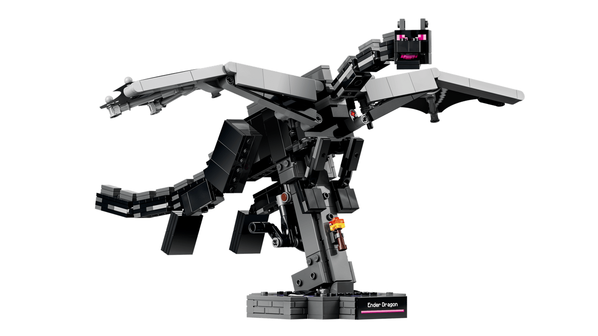 Minecraft The Ender Dragon black and gray dragon model displayed on a stand