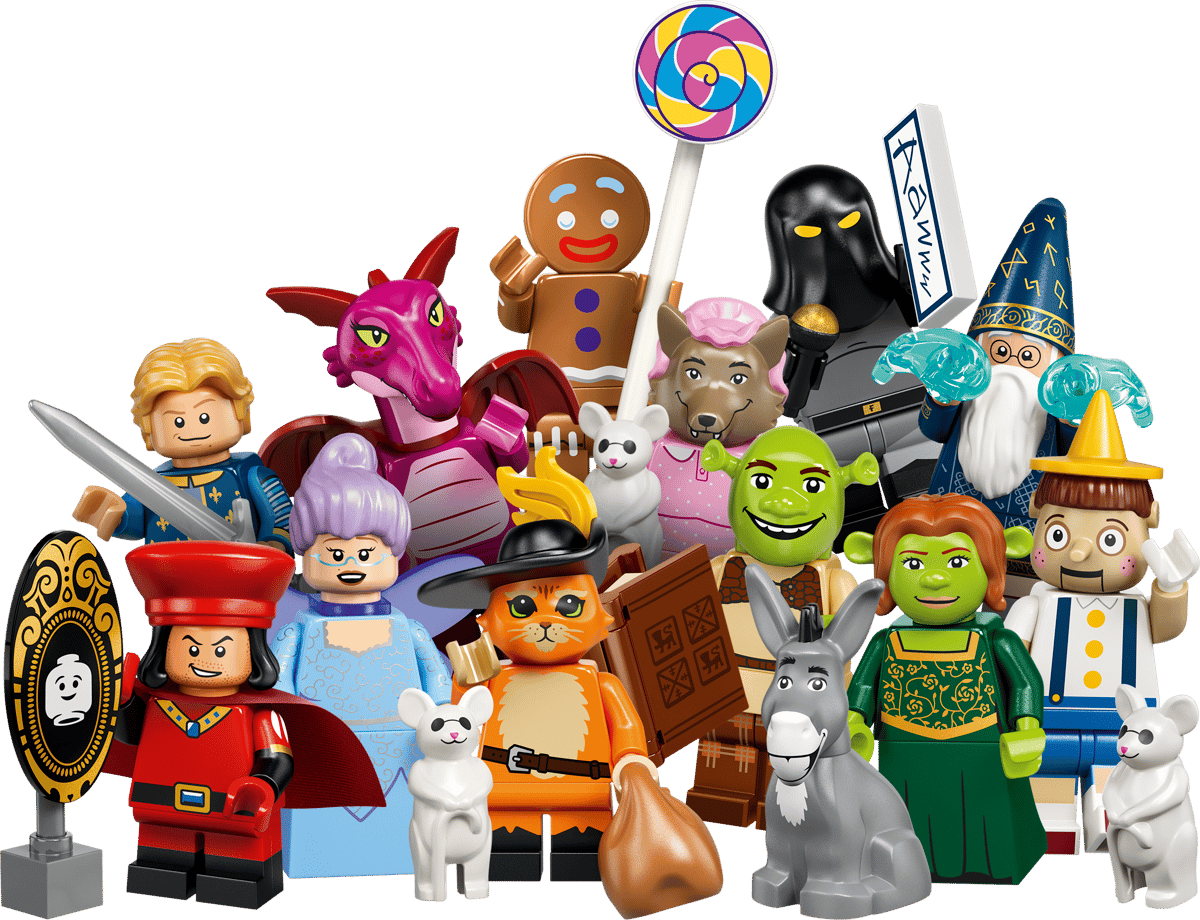 Minifigures Shrek Series featuring Shrek and colorful character figures from the beloved animated world