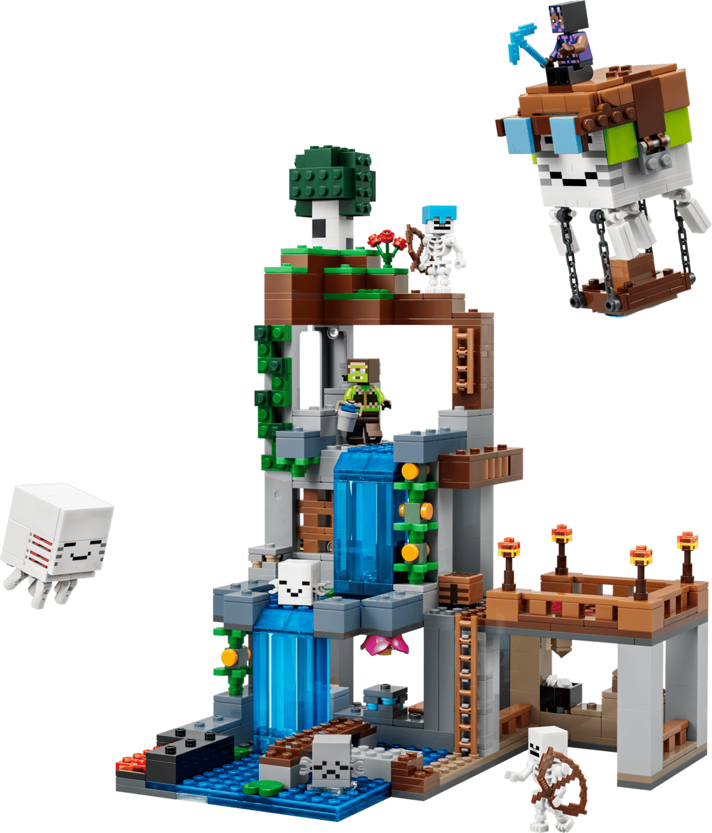 Minecraft Ghast Station building set with a waterfall tower bridges figures and a flying ghast