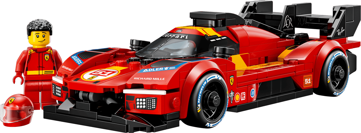 Speed Ferrari 499P red race car toy with driver minifigure