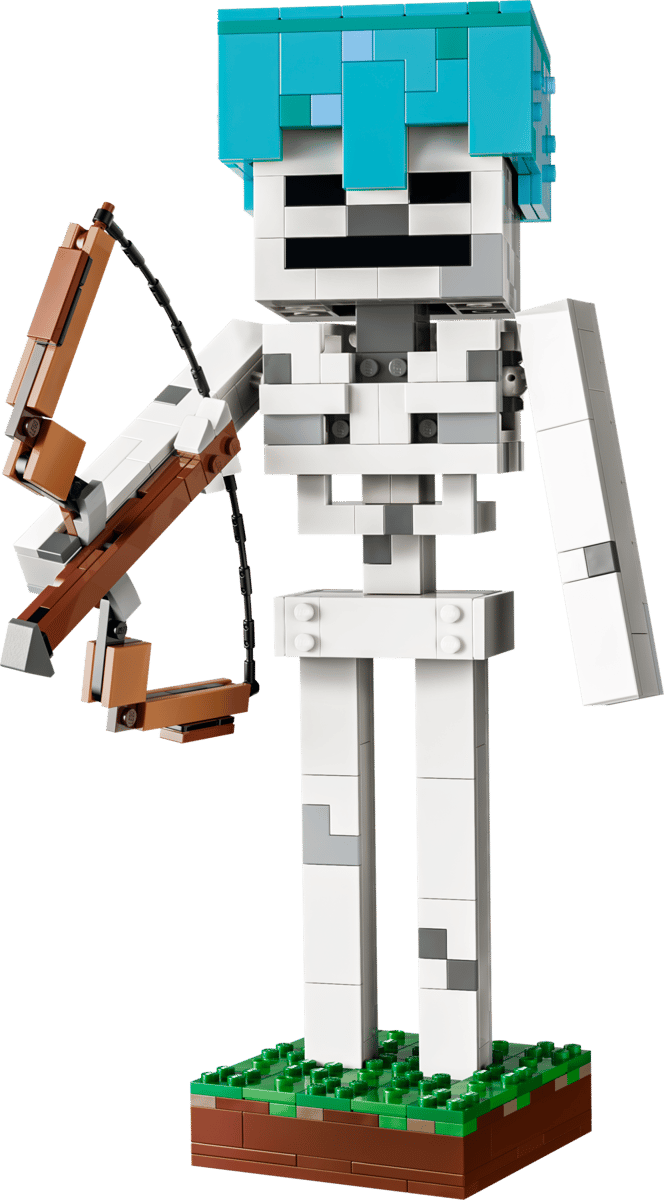 Minecraft The Skeleton figure holding a bow on a grass block