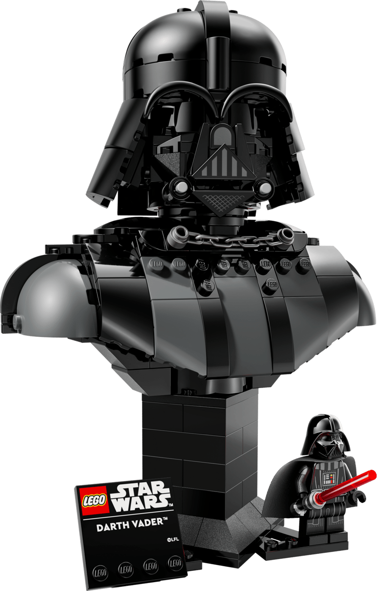 Star Wars Darth Vader Bust with a black armored design and Darth Vader minifigure holding a red lightsaber