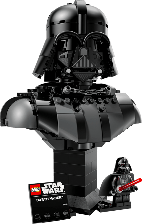 Star Wars Darth Vader Bust with a black armored design and Darth Vader minifigure holding a red lightsaber