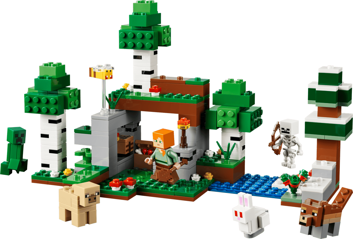 Minecraft First Night Adventure building set with Steve and animals in a detailed forest scene