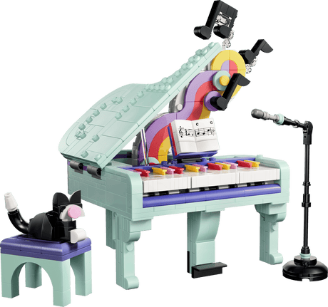 Creator Music Decor Piano with Cat build set featuring a mint piano microphone and seated black cat