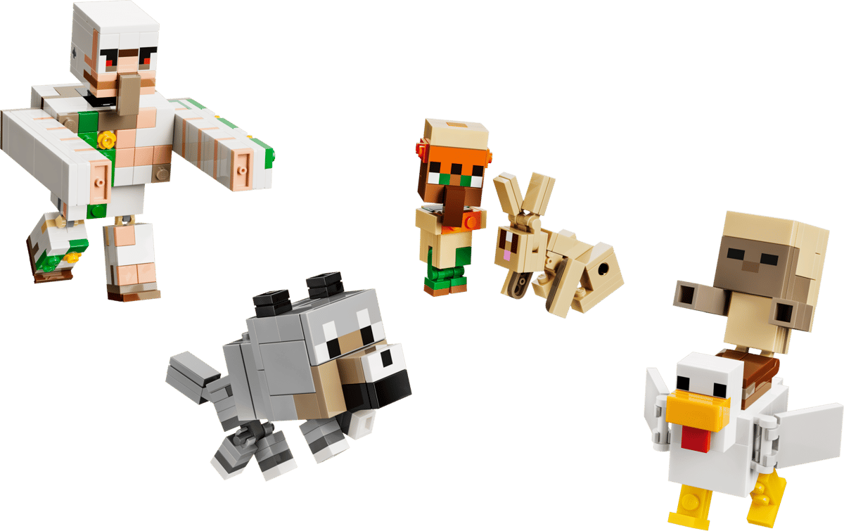 Minecraft Chicken Jockey Desert Attack toy figures with a chicken jockey iron golem skeleton and wolf