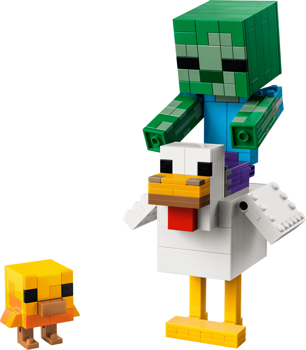 Minecraft Chicken Jockey toy featuring a zombie riding a chicken with a small yellow chick nearby