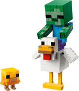 Minecraft Chicken Jockey toy featuring a zombie riding a chicken with a small yellow chick nearby