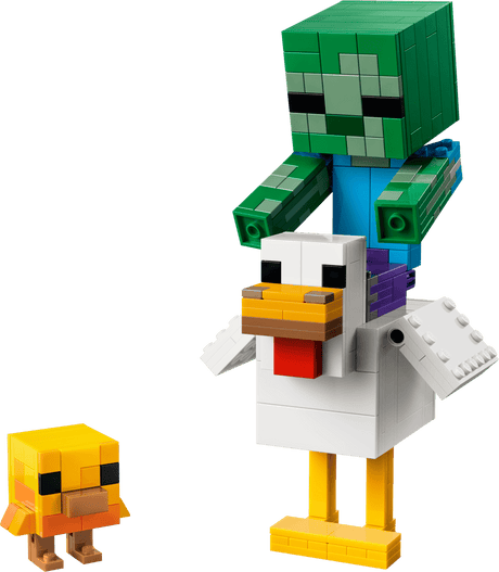 Minecraft Chicken Jockey toy featuring a zombie riding a chicken with a small yellow chick nearby