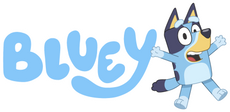 Bluey cartoon character happily waving next to the playful Bluey logo in light blue letters on white background