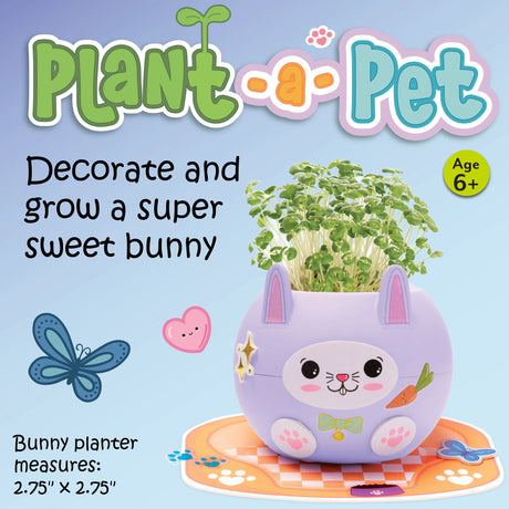 Plant A Pet Bunny indoor garden kit with a decorated bunny planter growing chia seeds for kids age 6 and up.