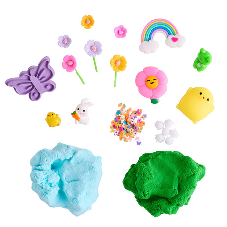 Sensory Pack | Garden Friends with stretchy cloud clay, flower figurines, bunny, chick, rainbow, and sensory toys for toddlers.