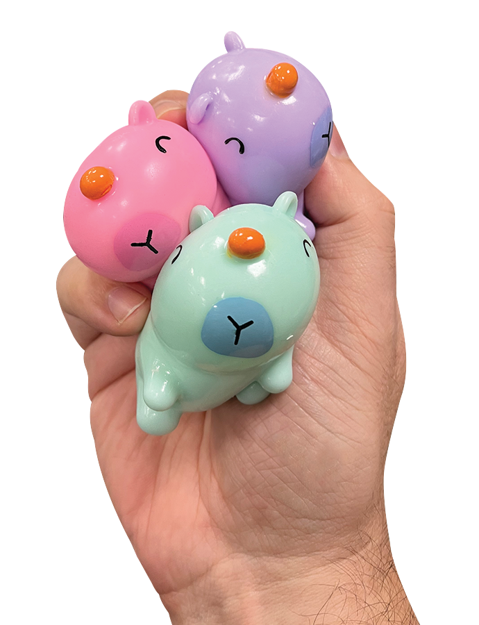 Sticky Bubble Blobbies | Capybara featuring three pastel capybara squishy figures held in a hand